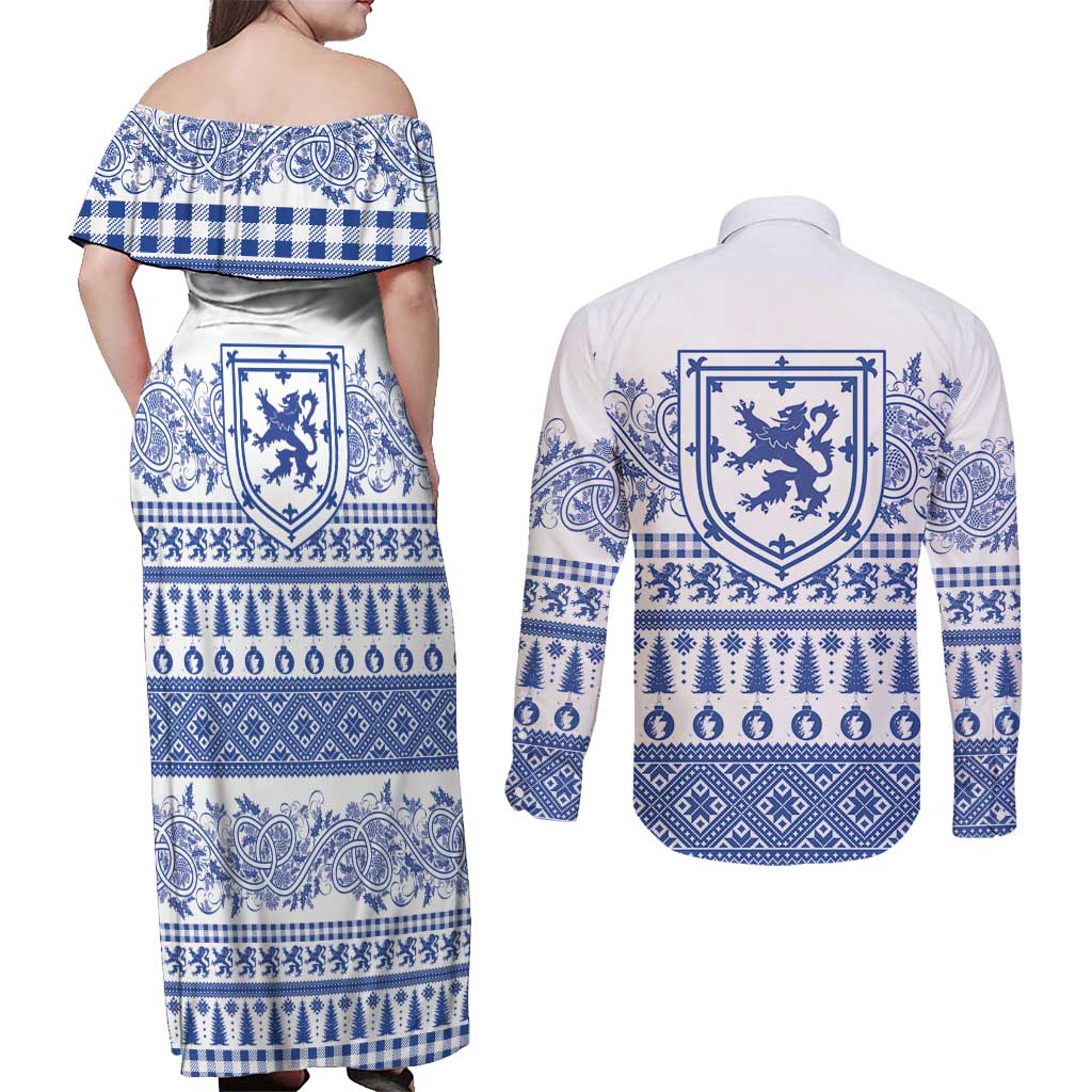 Scottish Christmas Couples Matching Off Shoulder Maxi Dress and Long Sleeve Button Shirt Scotland Thistle and Celtic Knot White-Blue Color - Wonder Print Shop