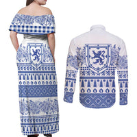 Scottish Christmas Couples Matching Off Shoulder Maxi Dress and Long Sleeve Button Shirt Scotland Thistle and Celtic Knot White-Blue Color - Wonder Print Shop