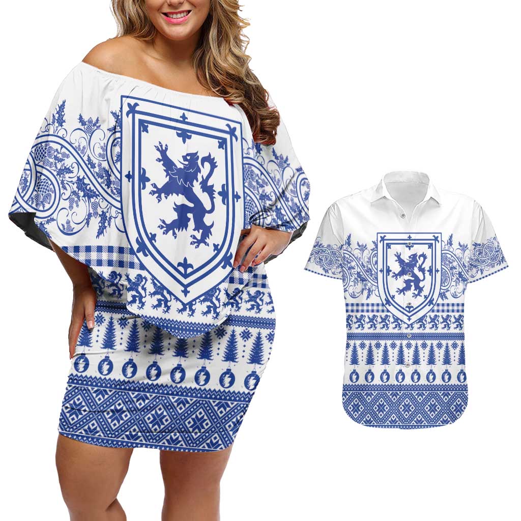 Scottish Christmas Couples Matching Off Shoulder Short Dress and Hawaiian Shirt Scotland Thistle and Celtic Knot White-Blue Color - Wonder Print Shop