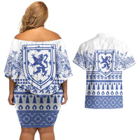 Scottish Christmas Couples Matching Off Shoulder Short Dress and Hawaiian Shirt Scotland Thistle and Celtic Knot White-Blue Color - Wonder Print Shop