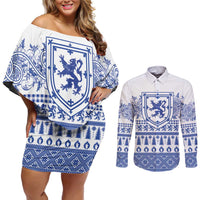 Scottish Christmas Couples Matching Off Shoulder Short Dress and Long Sleeve Button Shirt Scotland Thistle and Celtic Knot White-Blue Color - Wonder Print Shop