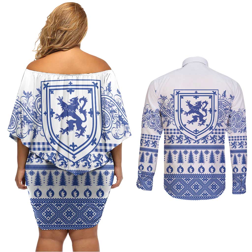 Scottish Christmas Couples Matching Off Shoulder Short Dress and Long Sleeve Button Shirt Scotland Thistle and Celtic Knot White-Blue Color - Wonder Print Shop