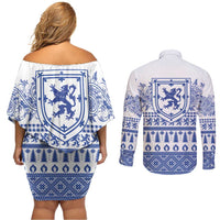 Scottish Christmas Couples Matching Off Shoulder Short Dress and Long Sleeve Button Shirt Scotland Thistle and Celtic Knot White-Blue Color - Wonder Print Shop