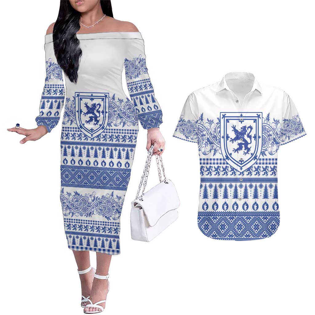 Scottish Christmas Couples Matching Off The Shoulder Long Sleeve Dress and Hawaiian Shirt Scotland Thistle and Celtic Knot White-Blue Color - Wonder Print Shop