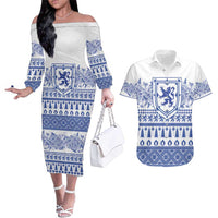 Scottish Christmas Couples Matching Off The Shoulder Long Sleeve Dress and Hawaiian Shirt Scotland Thistle and Celtic Knot White-Blue Color - Wonder Print Shop