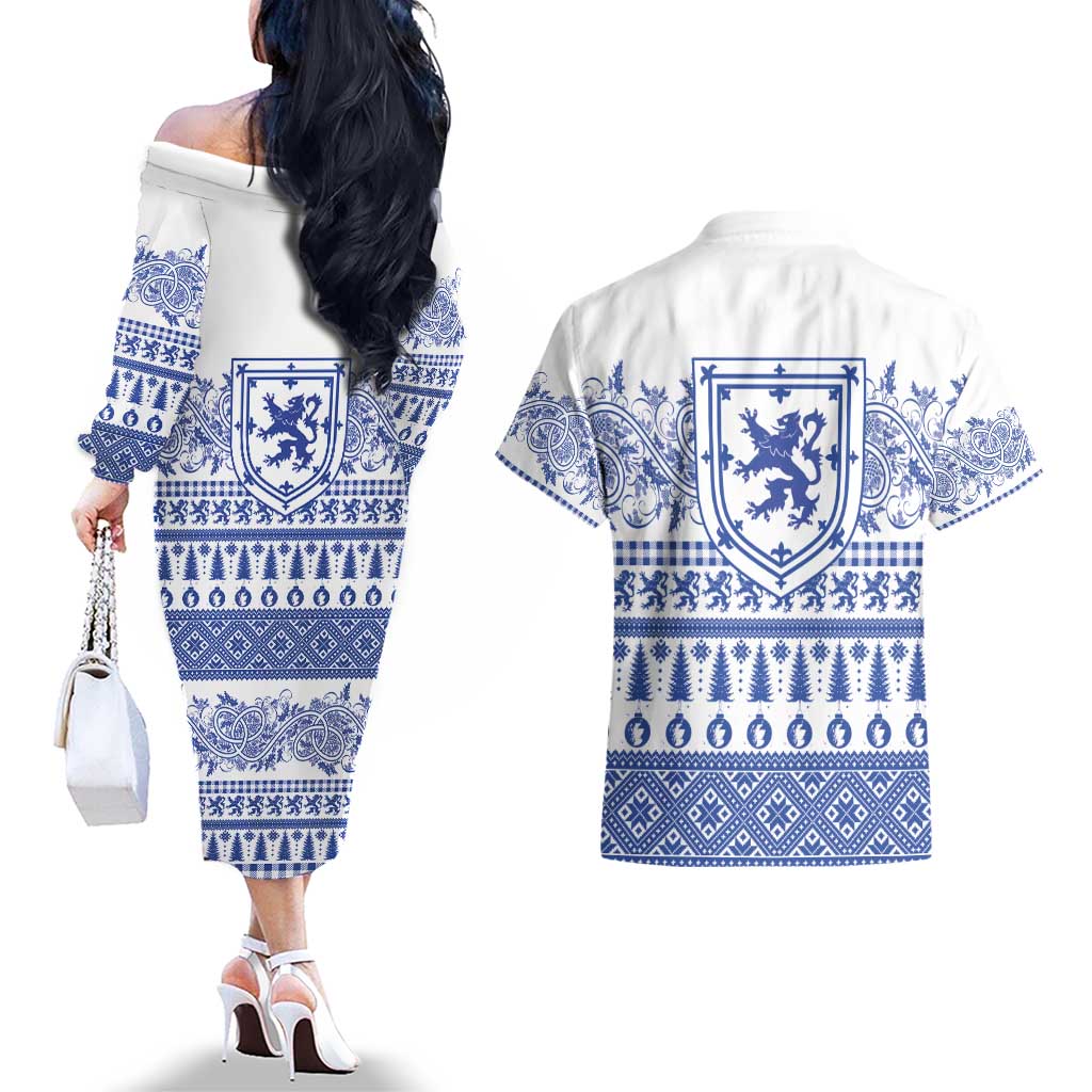 Scottish Christmas Couples Matching Off The Shoulder Long Sleeve Dress and Hawaiian Shirt Scotland Thistle and Celtic Knot White-Blue Color - Wonder Print Shop