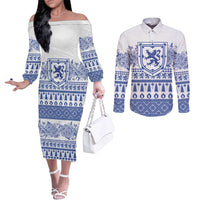 Scottish Christmas Couples Matching Off The Shoulder Long Sleeve Dress and Long Sleeve Button Shirt Scotland Thistle and Celtic Knot White-Blue Color - Wonder Print Shop