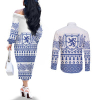 Scottish Christmas Couples Matching Off The Shoulder Long Sleeve Dress and Long Sleeve Button Shirt Scotland Thistle and Celtic Knot White-Blue Color - Wonder Print Shop