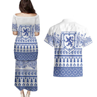 Scottish Christmas Couples Matching Puletasi and Hawaiian Shirt Scotland Thistle and Celtic Knot White-Blue Color - Wonder Print Shop