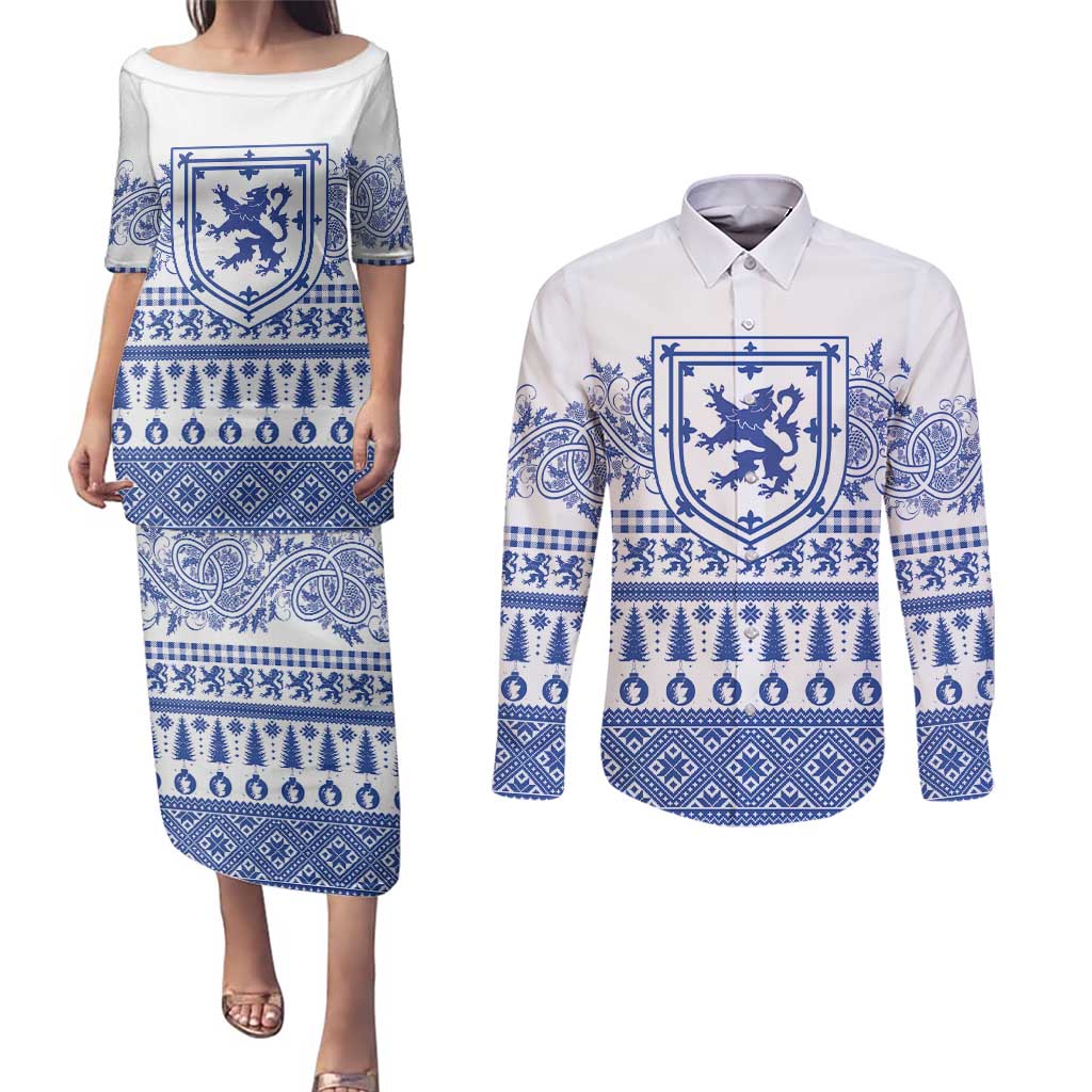 Scottish Christmas Couples Matching Puletasi and Long Sleeve Button Shirt Scotland Thistle and Celtic Knot White-Blue Color - Wonder Print Shop