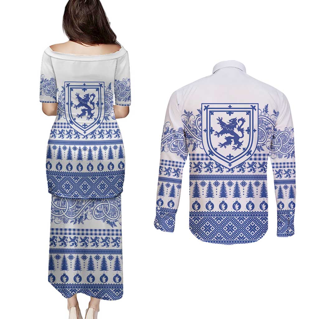 Scottish Christmas Couples Matching Puletasi and Long Sleeve Button Shirt Scotland Thistle and Celtic Knot White-Blue Color - Wonder Print Shop