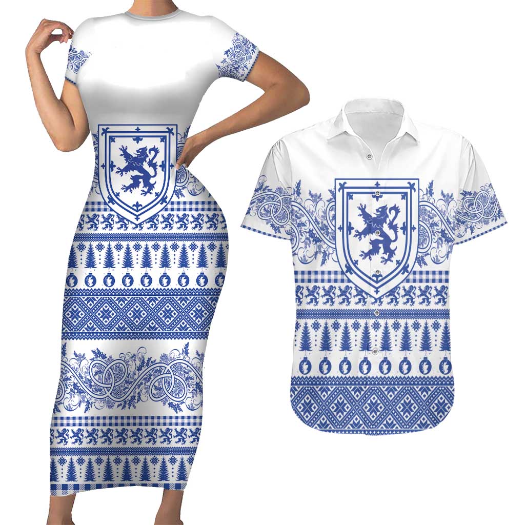 Scottish Christmas Couples Matching Short Sleeve Bodycon Dress and Hawaiian Shirt Scotland Thistle and Celtic Knot White-Blue Color - Wonder Print Shop