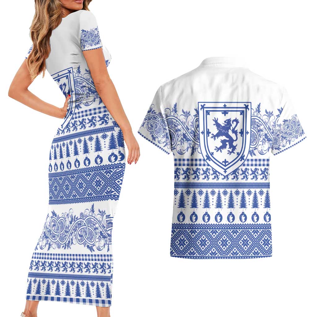 Scottish Christmas Couples Matching Short Sleeve Bodycon Dress and Hawaiian Shirt Scotland Thistle and Celtic Knot White-Blue Color - Wonder Print Shop
