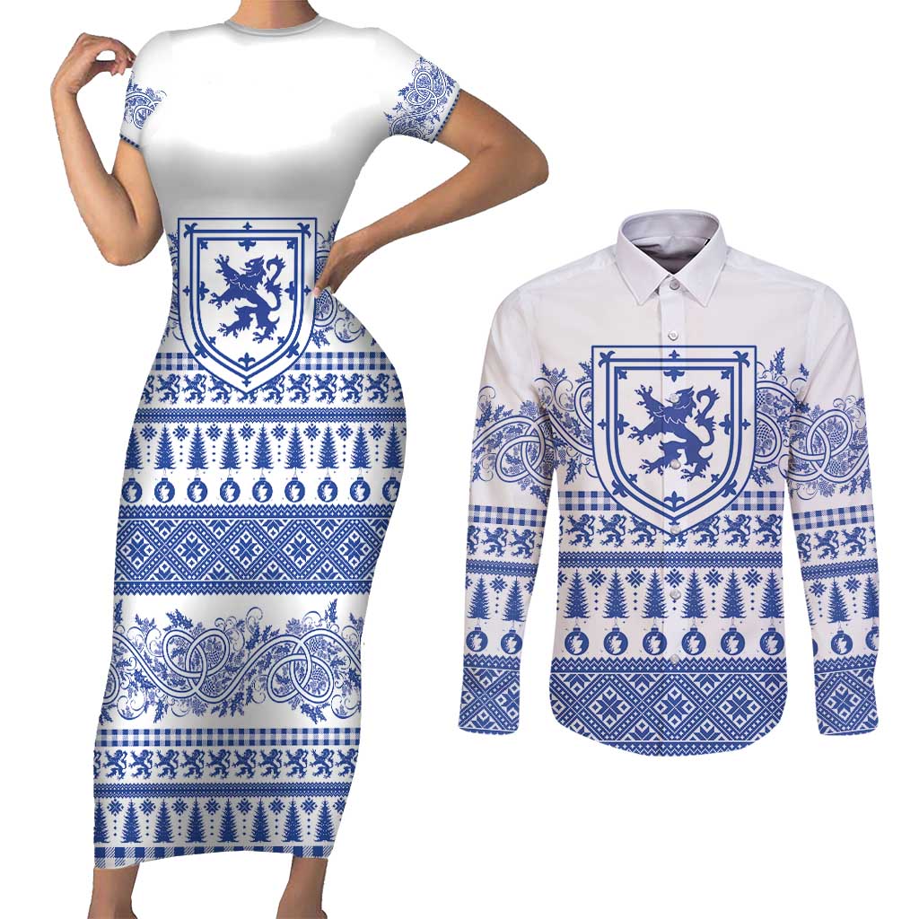 Scottish Christmas Couples Matching Short Sleeve Bodycon Dress and Long Sleeve Button Shirt Scotland Thistle and Celtic Knot White-Blue Color - Wonder Print Shop