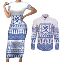 Scottish Christmas Couples Matching Short Sleeve Bodycon Dress and Long Sleeve Button Shirt Scotland Thistle and Celtic Knot White-Blue Color - Wonder Print Shop