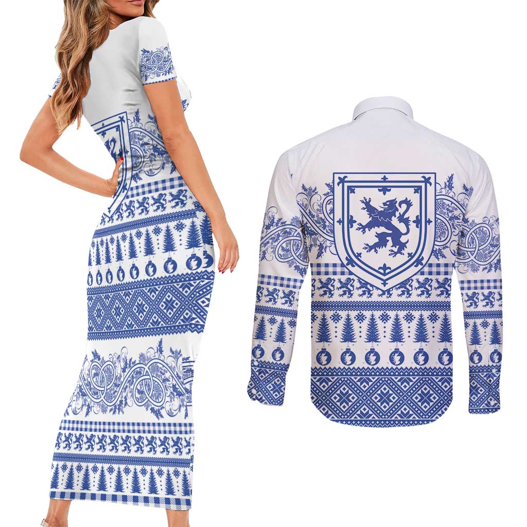 Scottish Christmas Couples Matching Short Sleeve Bodycon Dress and Long Sleeve Button Shirt Scotland Thistle and Celtic Knot White-Blue Color - Wonder Print Shop