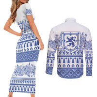 Scottish Christmas Couples Matching Short Sleeve Bodycon Dress and Long Sleeve Button Shirt Scotland Thistle and Celtic Knot White-Blue Color - Wonder Print Shop