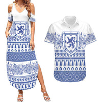Scottish Christmas Couples Matching Summer Maxi Dress and Hawaiian Shirt Scotland Thistle and Celtic Knot White-Blue Color - Wonder Print Shop