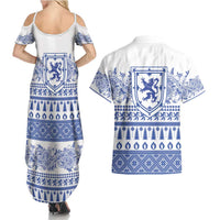 Scottish Christmas Couples Matching Summer Maxi Dress and Hawaiian Shirt Scotland Thistle and Celtic Knot White-Blue Color - Wonder Print Shop