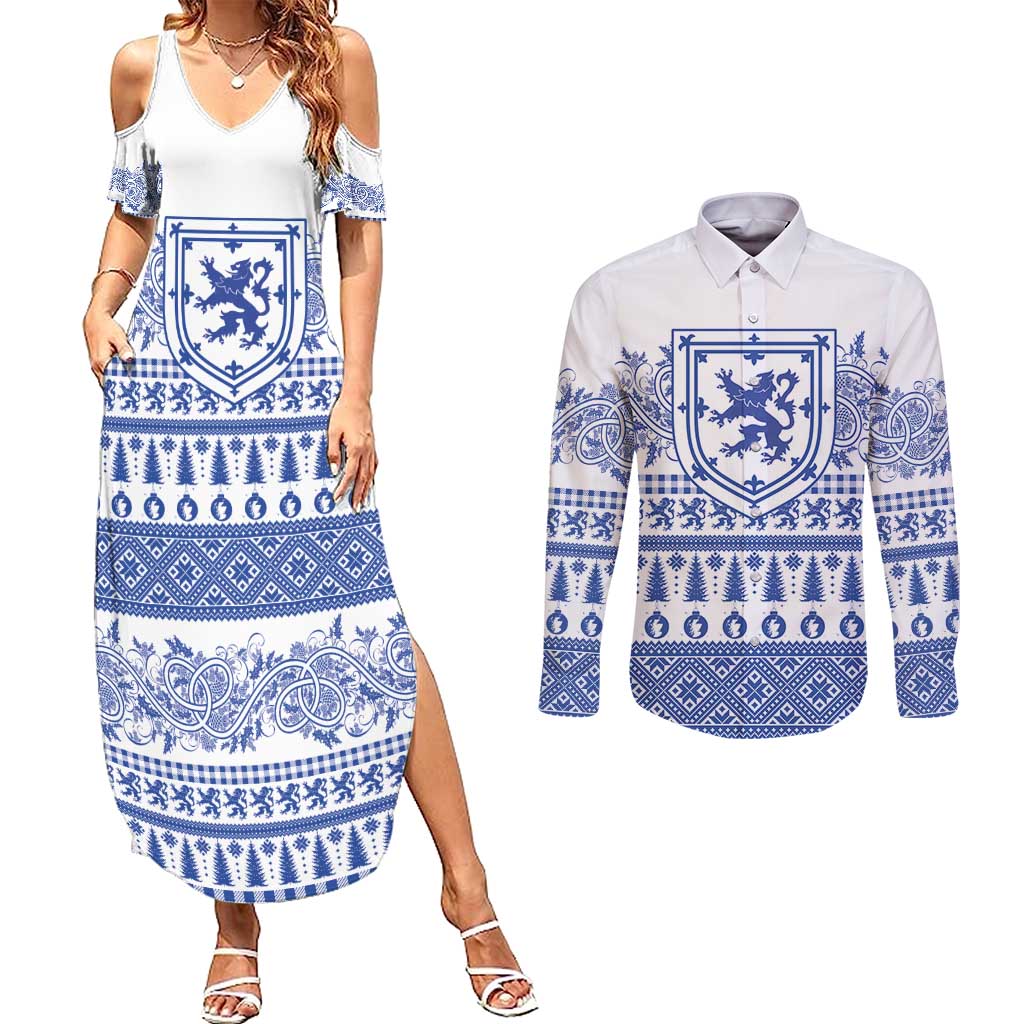 Scottish Christmas Couples Matching Summer Maxi Dress and Long Sleeve Button Shirt Scotland Thistle and Celtic Knot White-Blue Color - Wonder Print Shop
