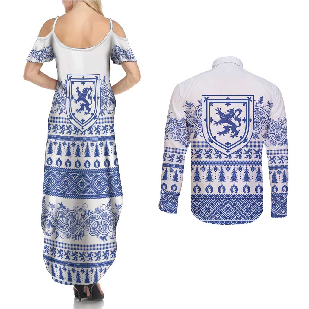 Scottish Christmas Couples Matching Summer Maxi Dress and Long Sleeve Button Shirt Scotland Thistle and Celtic Knot White-Blue Color - Wonder Print Shop