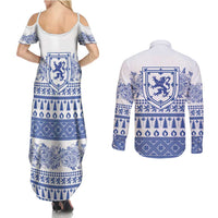 Scottish Christmas Couples Matching Summer Maxi Dress and Long Sleeve Button Shirt Scotland Thistle and Celtic Knot White-Blue Color - Wonder Print Shop