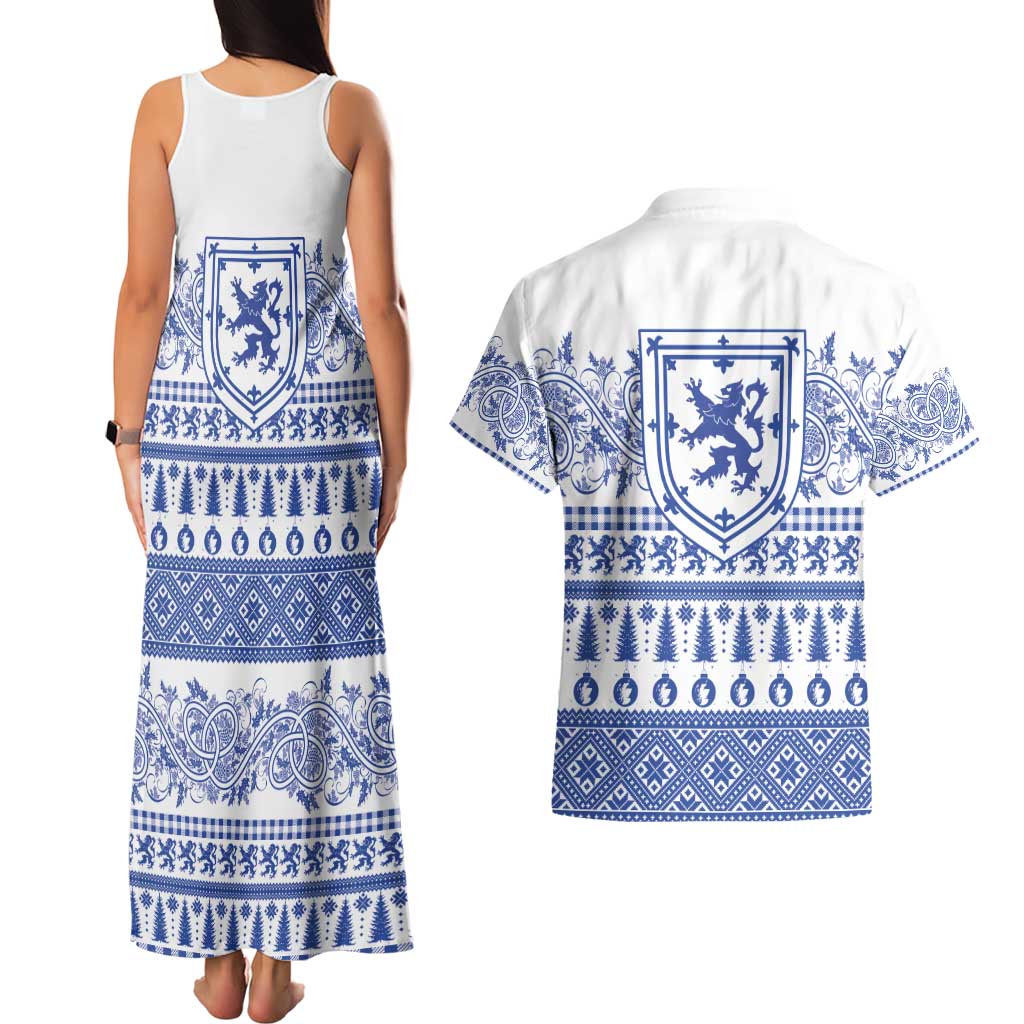 Scottish Christmas Couples Matching Tank Maxi Dress and Hawaiian Shirt Scotland Thistle and Celtic Knot White-Blue Color - Wonder Print Shop
