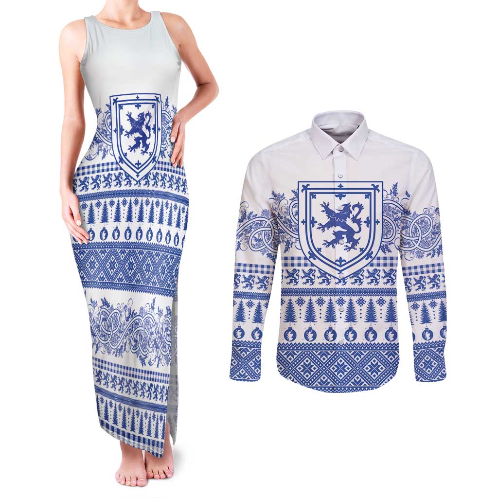 Scottish Christmas Couples Matching Tank Maxi Dress and Long Sleeve Button Shirt Scotland Thistle and Celtic Knot White-Blue Color - Wonder Print Shop