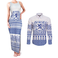 Scottish Christmas Couples Matching Tank Maxi Dress and Long Sleeve Button Shirt Scotland Thistle and Celtic Knot White-Blue Color - Wonder Print Shop