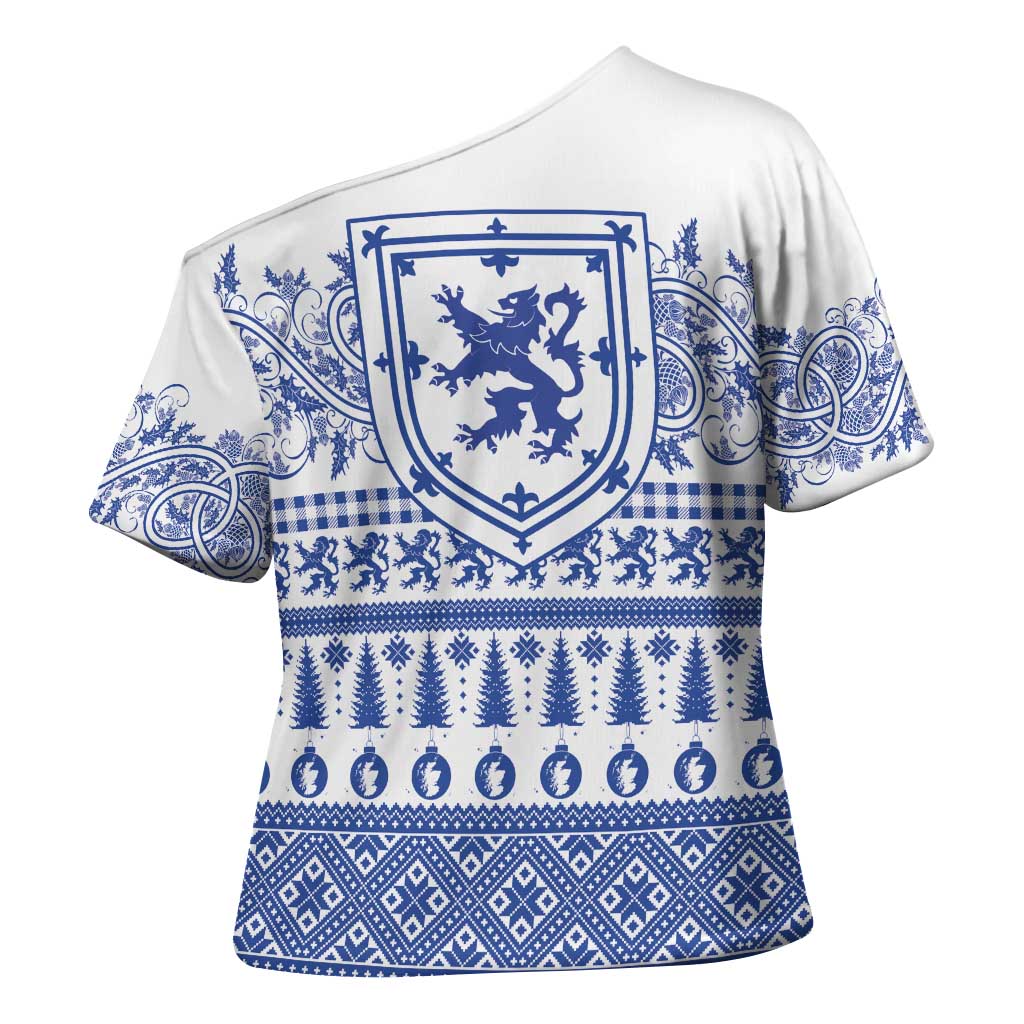 Scottish Christmas Cross Shoulder Shirt Scotland Thistle and Celtic Knot White-Blue Color - Wonder Print Shop
