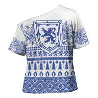 Scottish Christmas Cross Shoulder Shirt Scotland Thistle and Celtic Knot White-Blue Color - Wonder Print Shop
