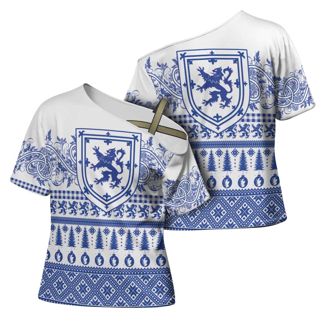 Scottish Christmas Cross Shoulder Shirt Scotland Thistle and Celtic Knot White-Blue Color - Wonder Print Shop