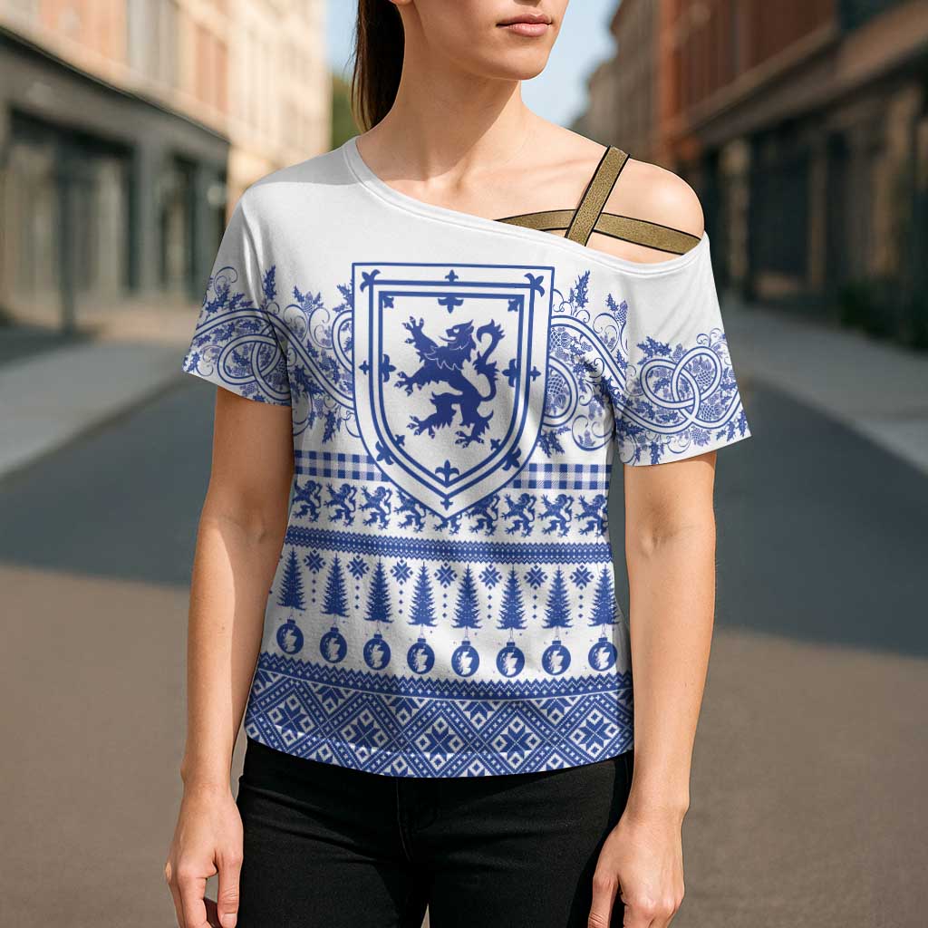 Scottish Christmas Cross Shoulder Shirt Scotland Thistle and Celtic Knot White-Blue Color - Wonder Print Shop
