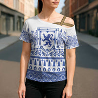 Scottish Christmas Cross Shoulder Shirt Scotland Thistle and Celtic Knot White-Blue Color - Wonder Print Shop