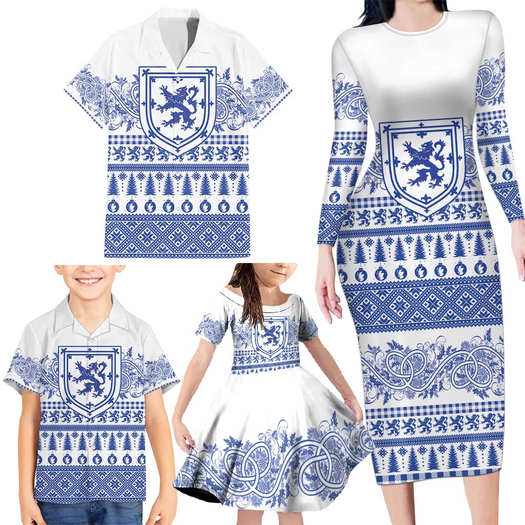 Scottish Christmas Family Matching Long Sleeve Bodycon Dress and Hawaiian Shirt Scotland Thistle and Celtic Knot White-Blue Color - Wonder Print Shop