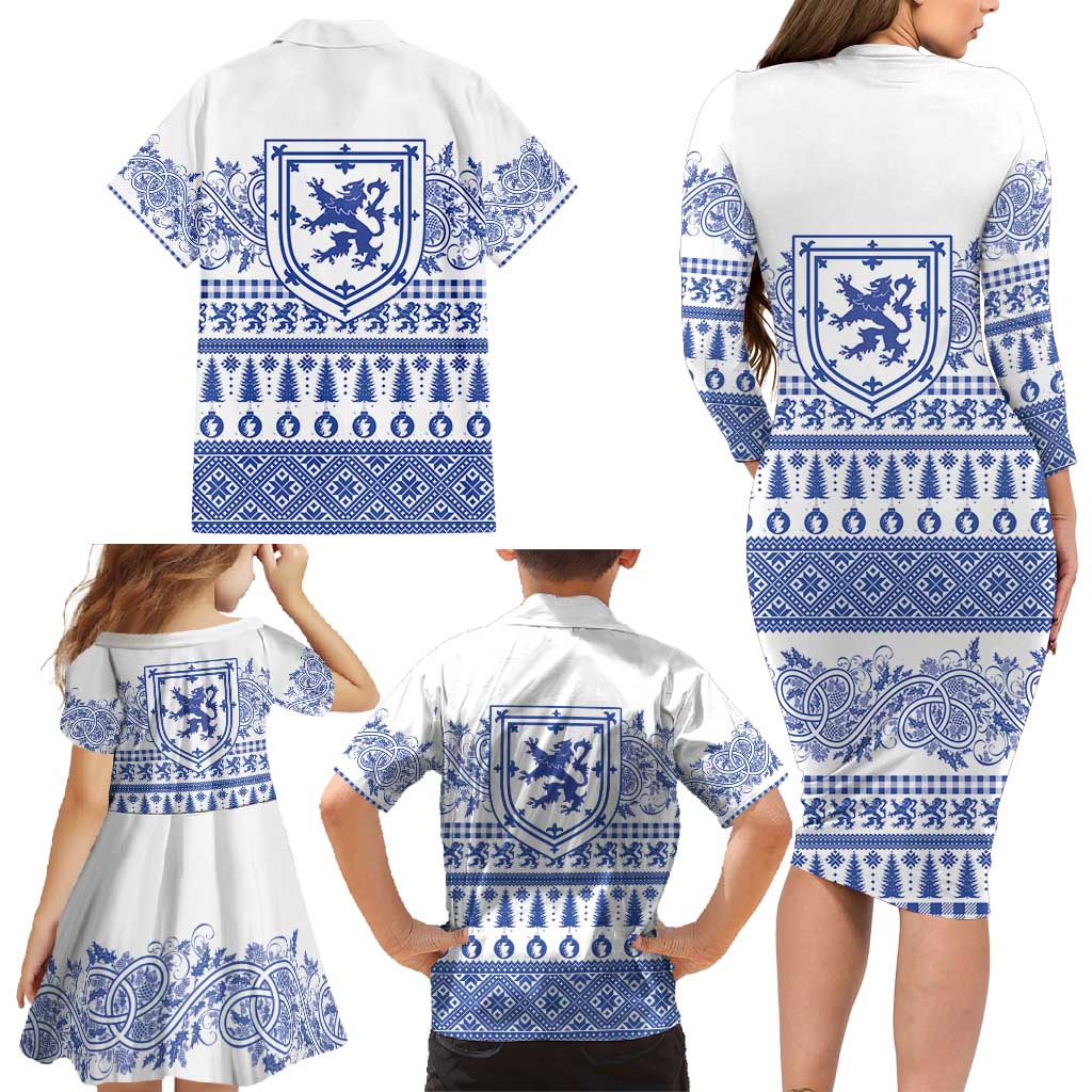 Scottish Christmas Family Matching Long Sleeve Bodycon Dress and Hawaiian Shirt Scotland Thistle and Celtic Knot White-Blue Color - Wonder Print Shop