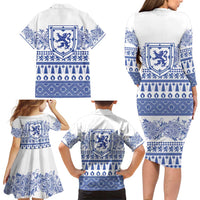 Scottish Christmas Family Matching Long Sleeve Bodycon Dress and Hawaiian Shirt Scotland Thistle and Celtic Knot White-Blue Color - Wonder Print Shop