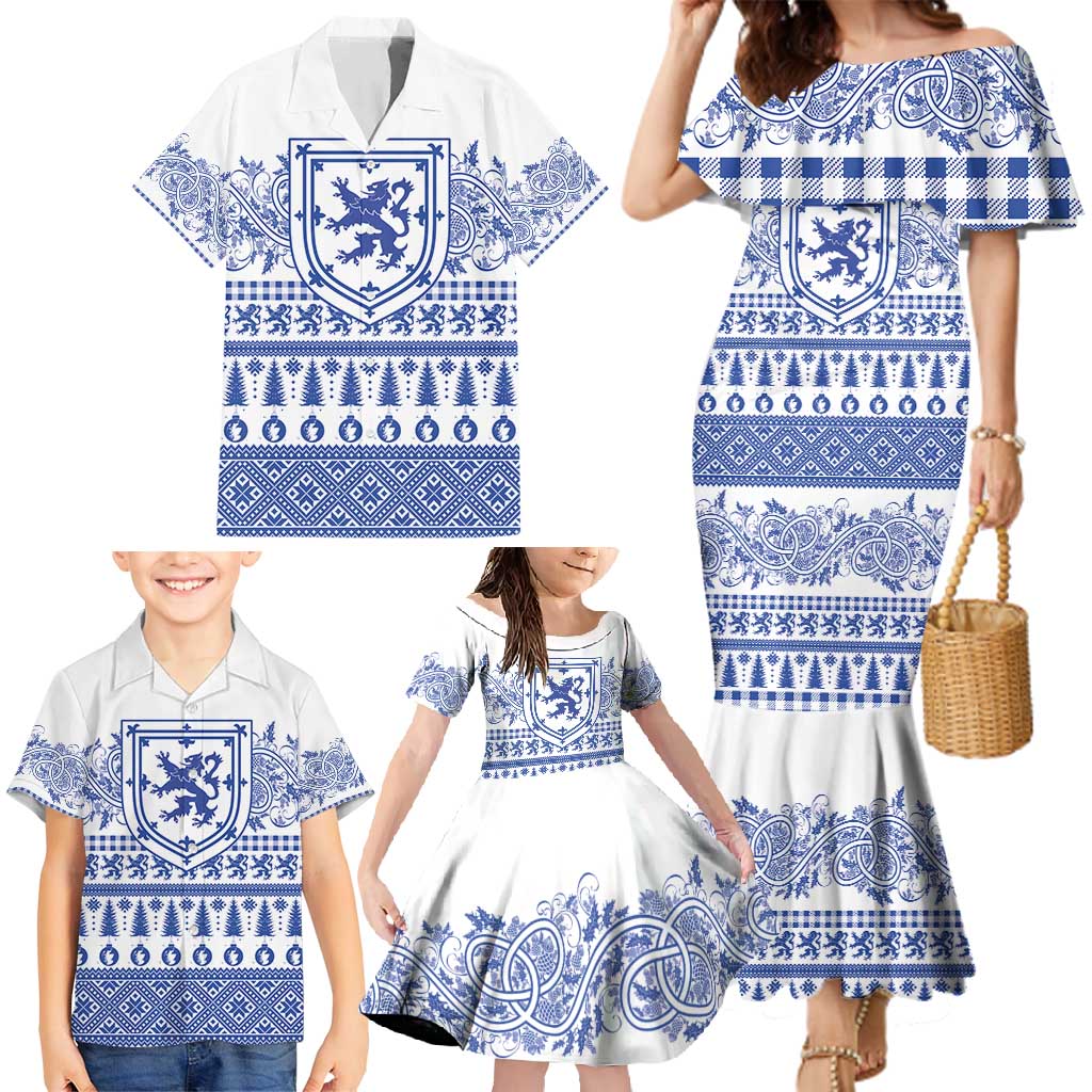 Scottish Christmas Family Matching Mermaid Dress and Hawaiian Shirt Scotland Thistle and Celtic Knot White-Blue Color - Wonder Print Shop