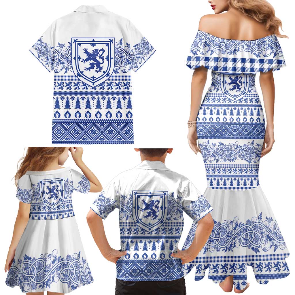 Scottish Christmas Family Matching Mermaid Dress and Hawaiian Shirt Scotland Thistle and Celtic Knot White-Blue Color - Wonder Print Shop