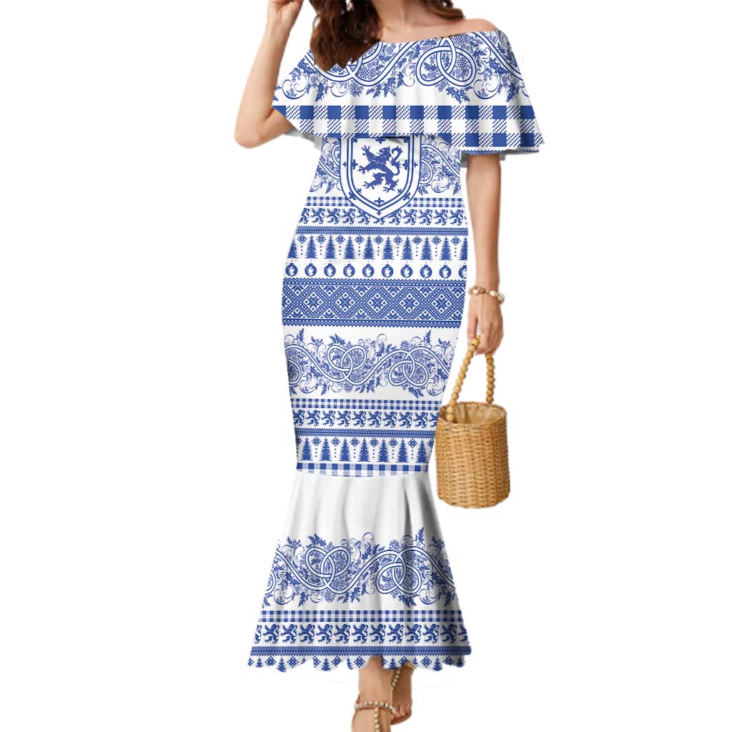 Scottish Christmas Family Matching Mermaid Dress and Hawaiian Shirt Scotland Thistle and Celtic Knot White-Blue Color - Wonder Print Shop