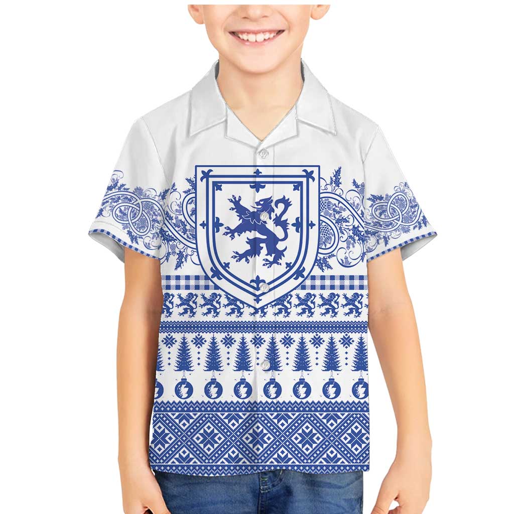 Scottish Christmas Family Matching Mermaid Dress and Hawaiian Shirt Scotland Thistle and Celtic Knot White-Blue Color - Wonder Print Shop