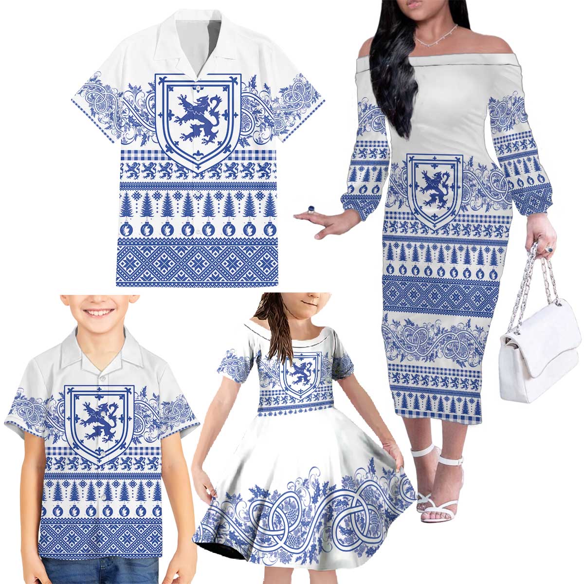 Scottish Christmas Family Matching Off The Shoulder Long Sleeve Dress and Hawaiian Shirt Scotland Thistle and Celtic Knot White-Blue Color - Wonder Print Shop