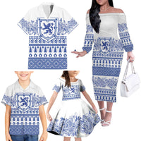 Scottish Christmas Family Matching Off The Shoulder Long Sleeve Dress and Hawaiian Shirt Scotland Thistle and Celtic Knot White-Blue Color - Wonder Print Shop