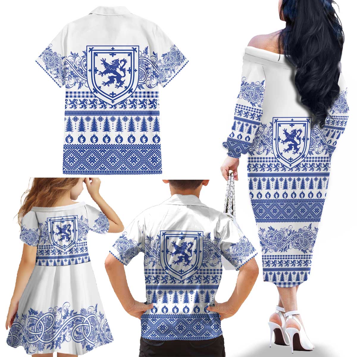 Scottish Christmas Family Matching Off The Shoulder Long Sleeve Dress and Hawaiian Shirt Scotland Thistle and Celtic Knot White-Blue Color - Wonder Print Shop