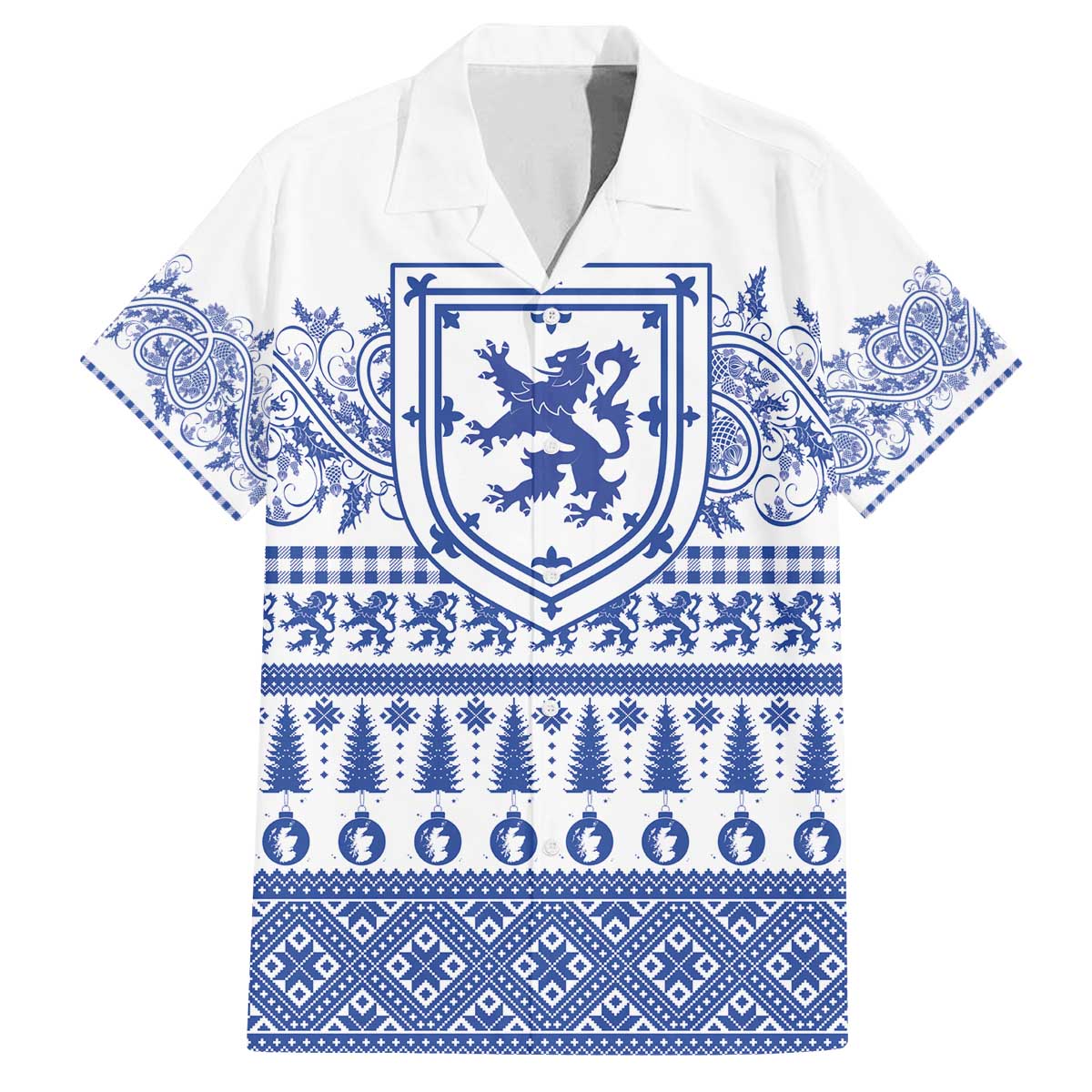 Scottish Christmas Family Matching Off The Shoulder Long Sleeve Dress and Hawaiian Shirt Scotland Thistle and Celtic Knot White-Blue Color - Wonder Print Shop