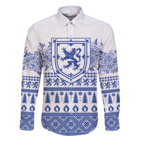 Scottish Christmas Family Matching Off The Shoulder Long Sleeve Dress and Hawaiian Shirt Scotland Thistle and Celtic Knot White-Blue Color - Wonder Print Shop