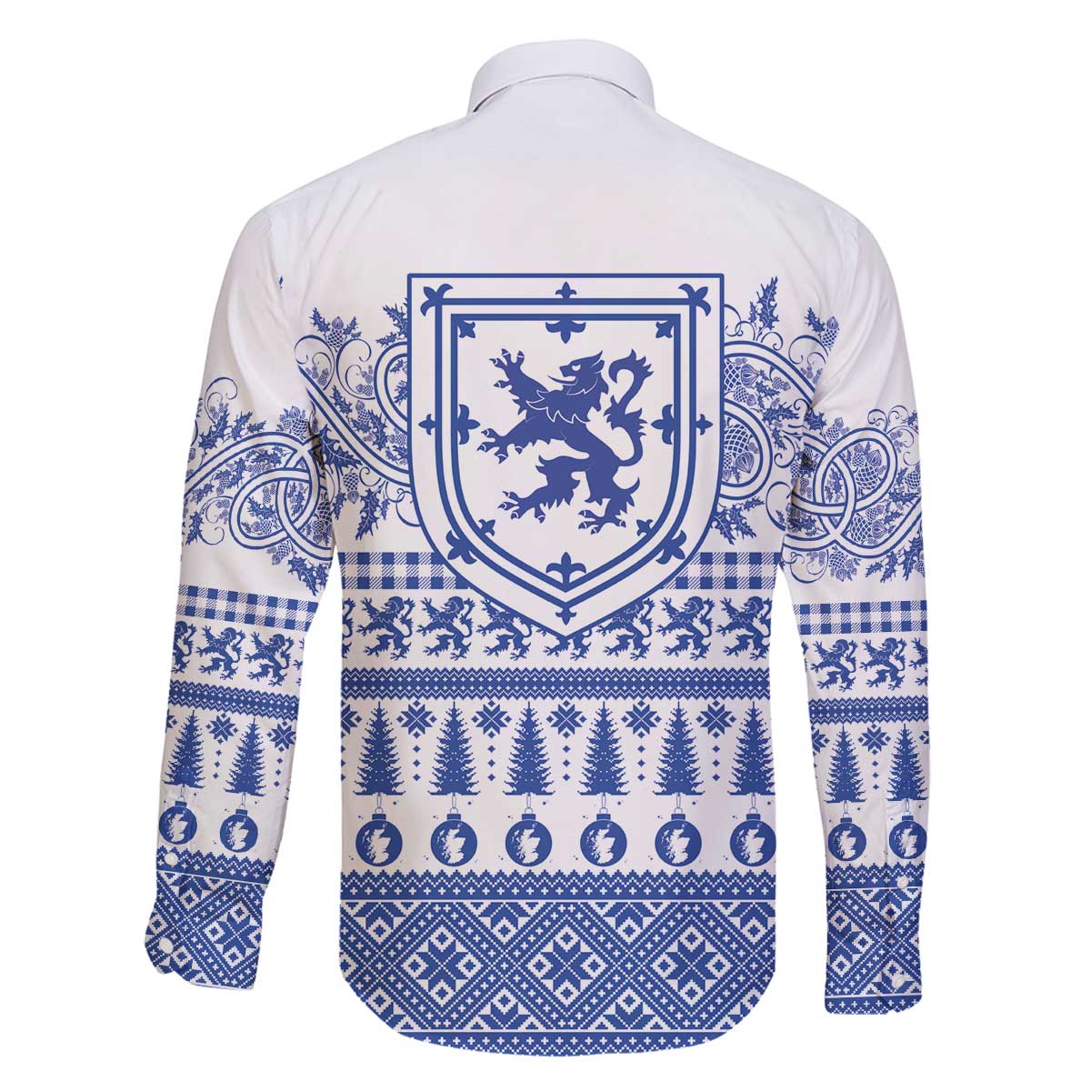 Scottish Christmas Family Matching Off The Shoulder Long Sleeve Dress and Hawaiian Shirt Scotland Thistle and Celtic Knot White-Blue Color - Wonder Print Shop