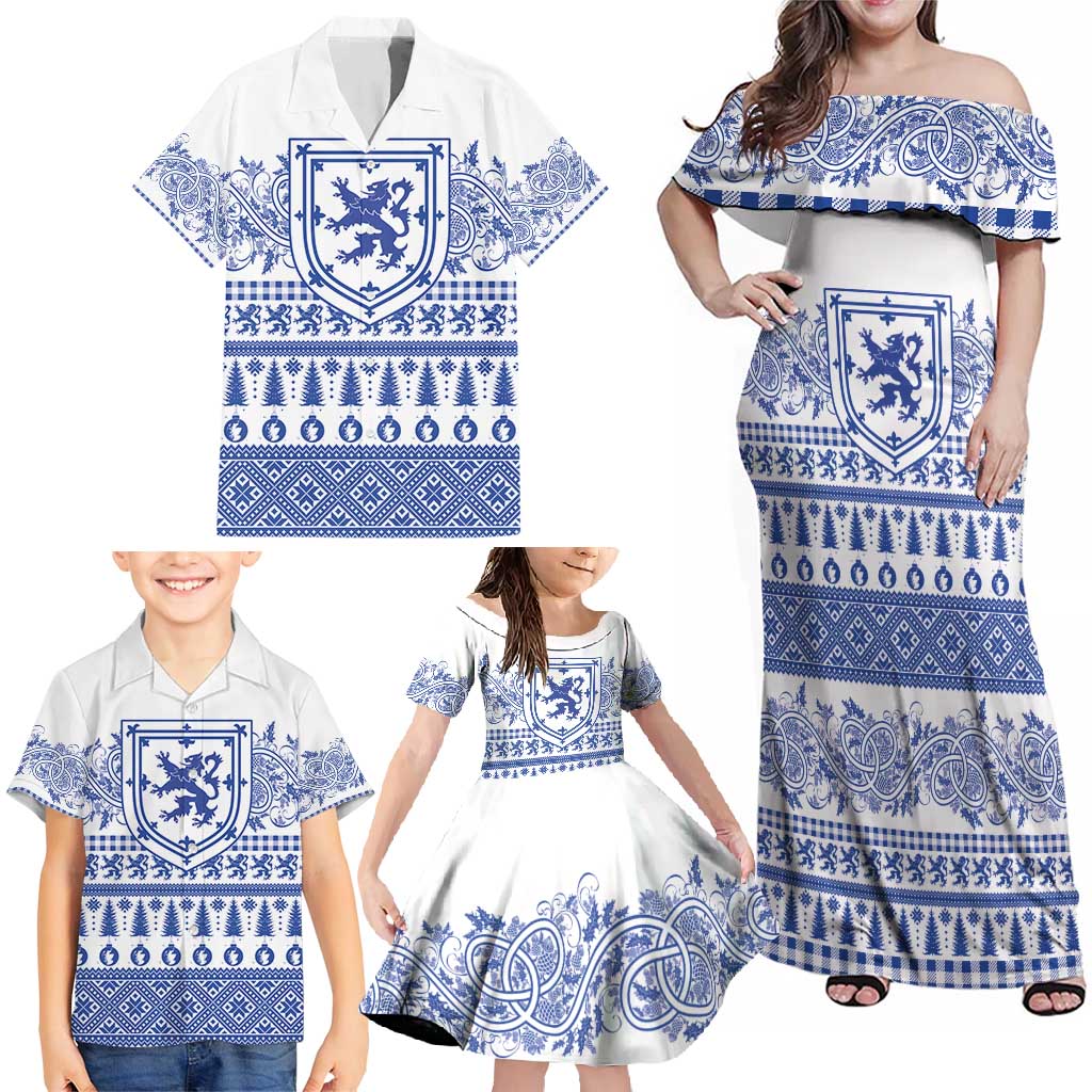 Scottish Christmas Family Matching Off Shoulder Maxi Dress and Hawaiian Shirt Scotland Thistle and Celtic Knot White-Blue Color - Wonder Print Shop