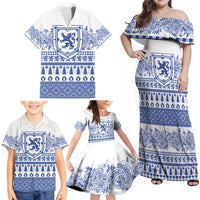Scottish Christmas Family Matching Off Shoulder Maxi Dress and Hawaiian Shirt Scotland Thistle and Celtic Knot White-Blue Color - Wonder Print Shop
