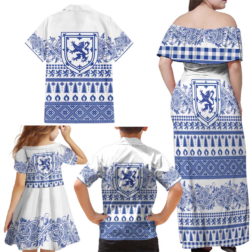 Scottish Christmas Family Matching Off Shoulder Maxi Dress and Hawaiian Shirt Scotland Thistle and Celtic Knot White-Blue Color - Wonder Print Shop